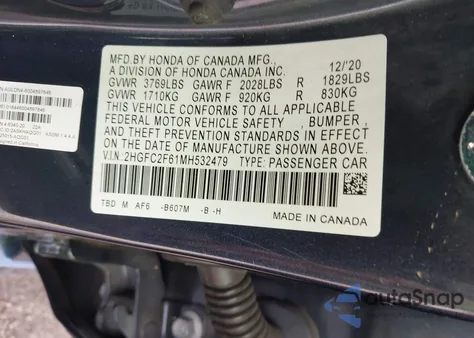 2021 Honda Civic Lx z USA, uszkodzony, nr VIN 2HGFC2F61MH532479